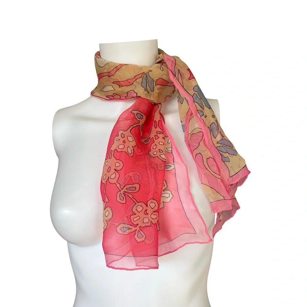 Vintage Sheer Silk Feel Scarf Hot Pink Floral Lightweight